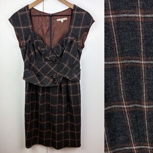 Nanette Lepore 100% Wool Piccolo Plaid Sheath Toggle Belt Midi Dress Brown Gray